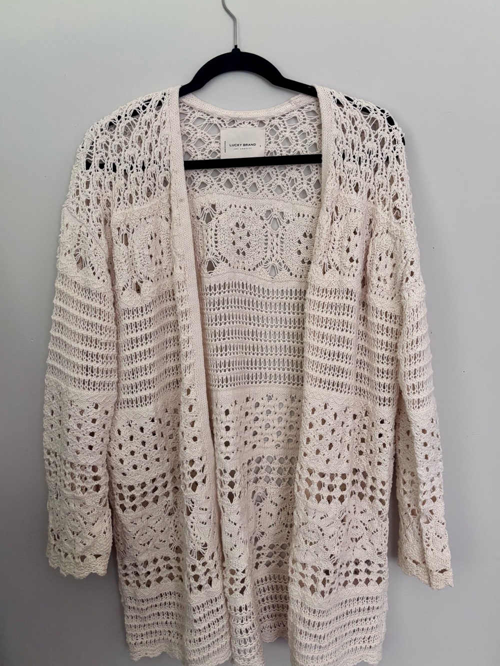 Lucky Brand Open Crochet Knit Cardigan in Cream